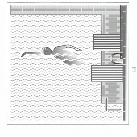 page extraite du livret d'accompagnement "Villa Cavrois" comprenant une illustration contrastée d'un nageur dans un bassin