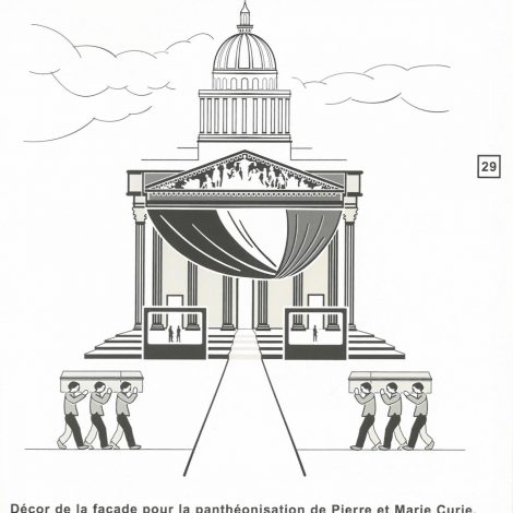 extrait du livret d'accompagnement représentant en illustration contrastée en noir et blanc la façade du Panthéon