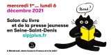 affiche salon du livre et de la presse jeunesse de Montreuil 2021 (un chat noir lit un livre jaune, il dit "nous?")