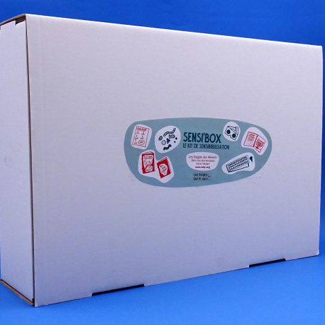 Photo de la Sensi'Box fermée qui se présente sous la forme d'une boîte en carton rectangulaire qui s'ouvre par le haut