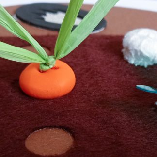 Au voleur! Zoom sur l'illustration du potager/ La carotte est très réaliste et on voit qu'il manque des feuilles au chou-fleur. un truc laisse supposer qu'une carotte a été également prise.