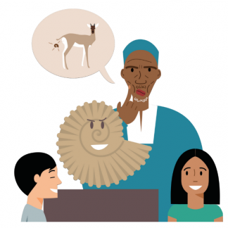Illustration avec au centre l'ammonite dessinée avec des yeux et un sourire sur un socle de musée, et autour deux enfants et un grand monsieur. Une bulle de parole est dessinée à côté de l'homme, dans laquelle un animal est dessiné.
