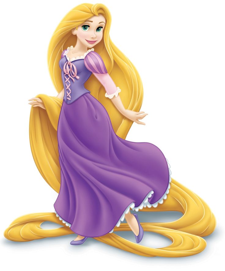 La princesse Raiponce de Disney porte une longue robe violette. Sa silhouette est élancée. Elle a une très longue chevelure blonde qui descend jusqu'au sol.
