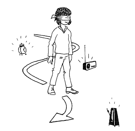 Schéma d'un jeune homme les yeux bandé qui zigzague entre un réveil, une radio et un métronome