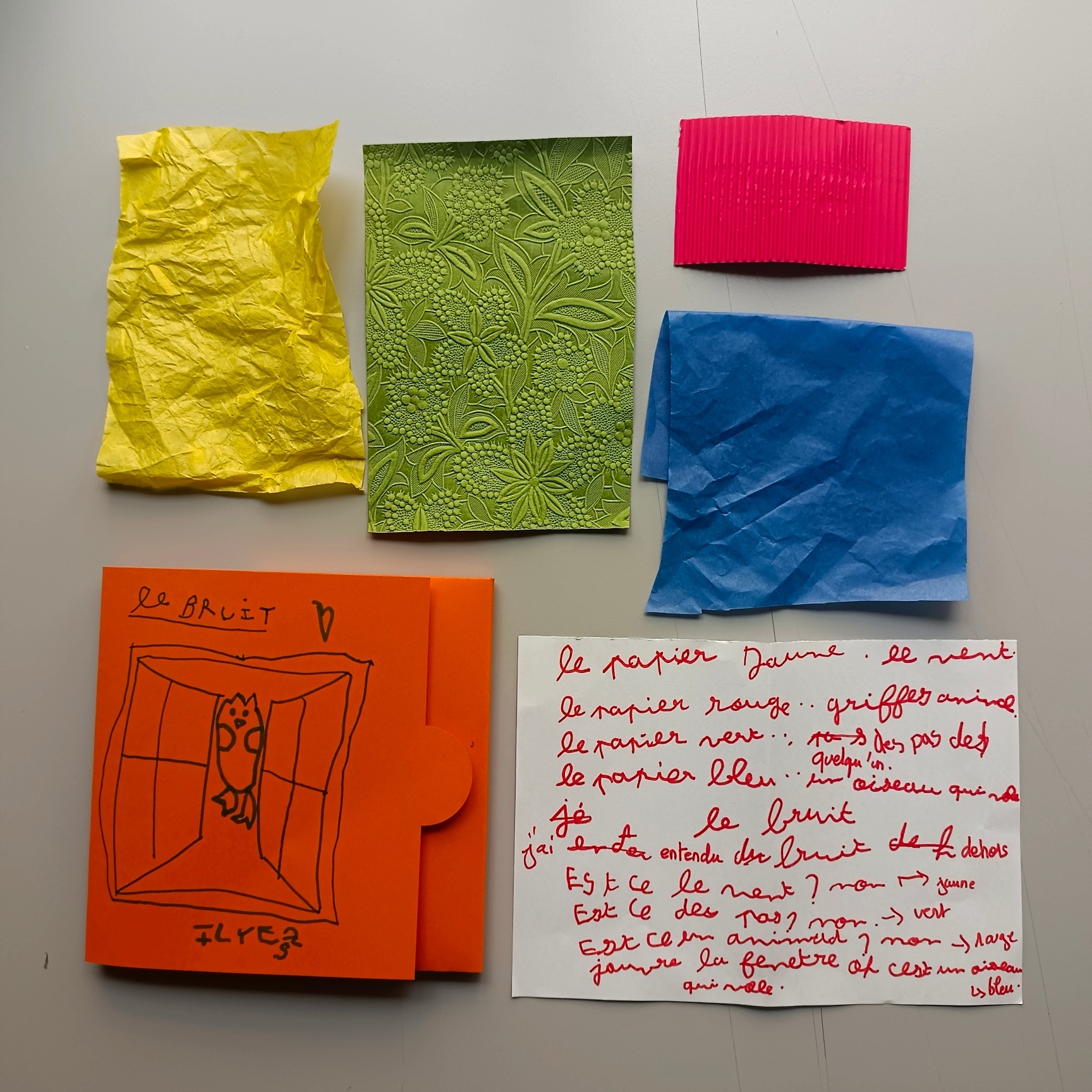 plusieurs papiers aux textures différentes sur une table et à côté, un enfant a écrit "papier jaune : le vent" et d'autres notes.