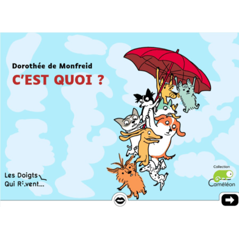 Dorothée de Monfreid C'est quoi ? Les Doigts Qui Rêvent, Collection Caméléon. Les toutous volent accrochés à un parapluie.