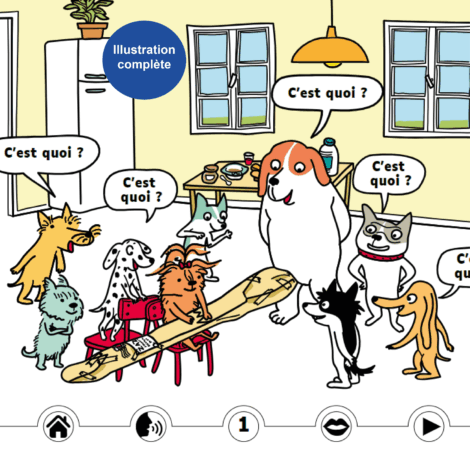 Illustration complète. Les toutous sont dans une cuisine et sont autour d'un objet emballé et se demandent : "C'est quoi ?"