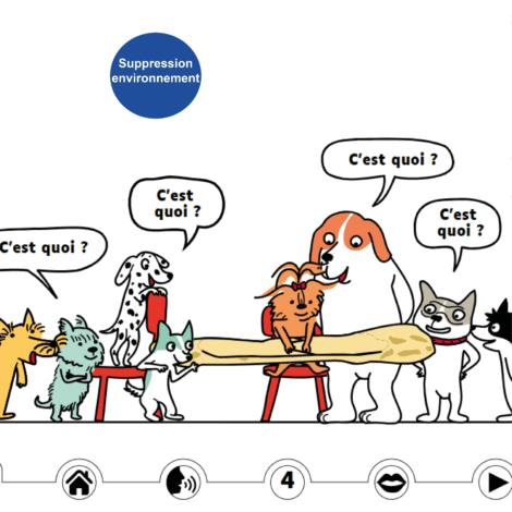 Illustration complète. Les toutous sont dans une cuisine et sont autour d'un objet emballé et se demandent : "C'est quoi ?"