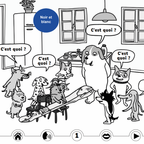 Illustration complète en noir et blanc. Les toutous sont dans une cuisine et sont autour d'un objet emballé et se demandent : "C'est quoi ?"