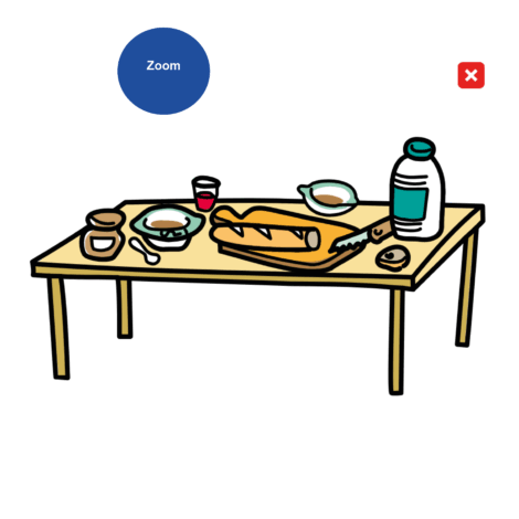 Zoom sur la table de la cuisine avec du pain, des bols, du lait, de la confiture, un verre, des couverts.