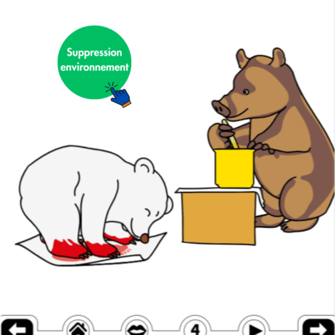 Illustration avec suppression des ombres, réduction de la perspective et suppression de l'environnement. Calinours un ours blanc qui dessine avec ses pâtes remplis de peinture sur des feuilles, accompagné d'un sanglier qui prépare les pots de peinture.
