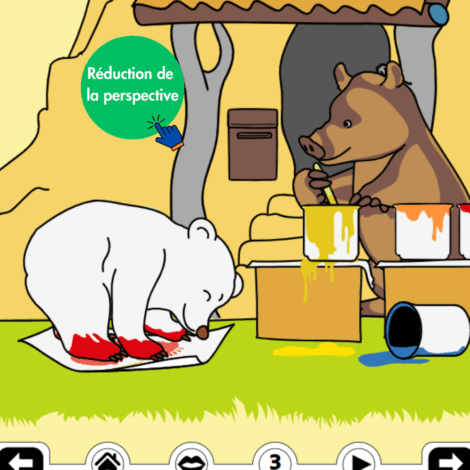Illustration avec suppression des ombres et réduction de la perspective. Calinours un ours blanc qui dessine avec ses pâtes remplis de peinture sur des feuilles, accompagné d'un sanglier qui dessine également dans la forêt à coté d'un ruisseau.