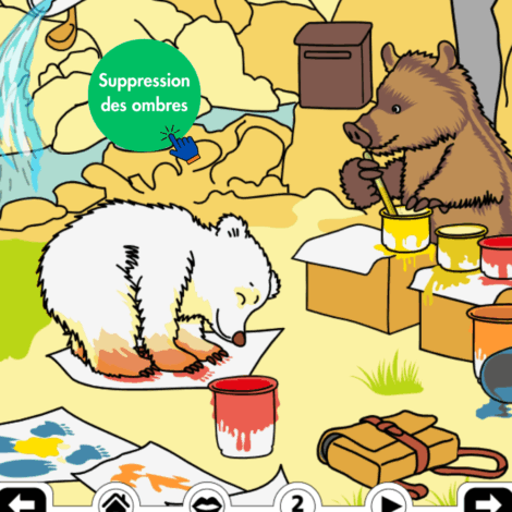 Illustration avec suppression des ombres. Calinours un ours blanc qui dessine avec ses pâtes remplis de peinture sur des feuilles, accompagné d'un sanglier qui dessine également dans la forêt à coté d'un ruisseau.