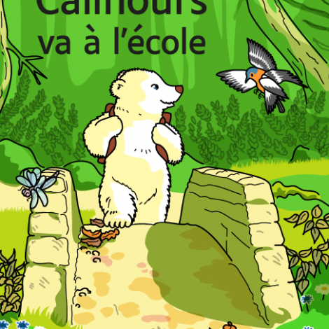 couverture calinours va à l'école, un ours blanc traverse un pont en forêt