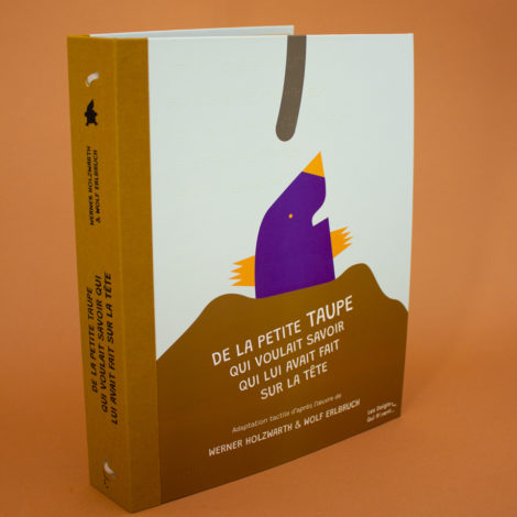 Couverture du livre tactile de la petite taupe qui voulait savoir qui lui avait fait sur la tête. Visuel d'une taupe qui sort de son trou avec une crotte au dessus d'elle.