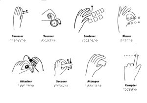 7 schémas de mains dans différentes positions avec écrit en dessous l'action qui correspond (pincer, tourner, attraper...)