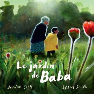 Couverture de l'album Le Jardin de Baba. On y voit une grand mère qui se promène avec un enfant dans un jardin luxuriant. Il s'agit d'un dessin à l'aquarelle.