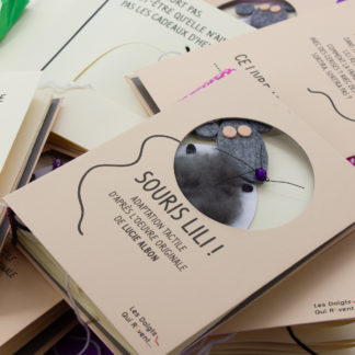 Photo de plusieurs livres Souris Lili empilés. Sur le premier livre, la couverture est percé avec un gros rond à travers lequel on voir le museau d'une souris en laine et nylon.