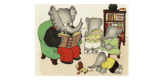 Illustration issue de l'album jeunesse Babar, un éléphant assis dans un fauteuil et qui lit devant 3 éléphanteaux assis sur une chaise. Ils sont bien habillés et sont tranquillement installés dans le salon d'une maison