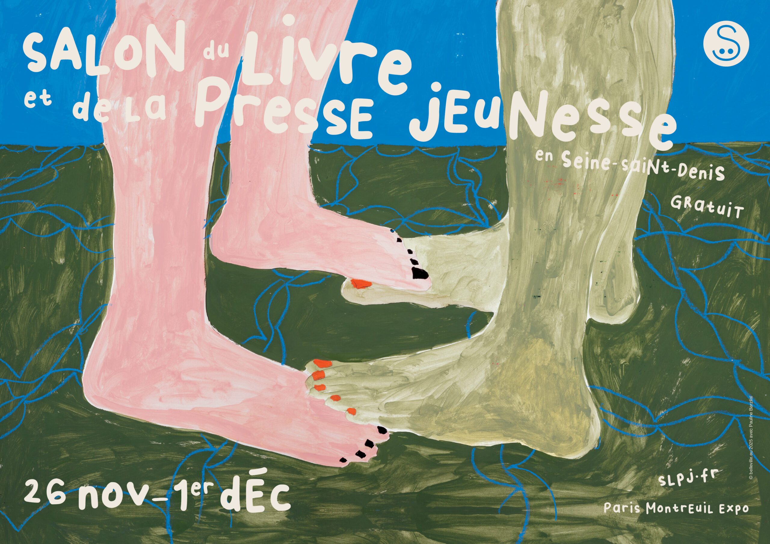 Affiche dessin avec des pieds nues qui se touchent. Salon du Livre et de la Presse Jeunesse en Seine-Saint-Denis. Gratui. 26 nov-1er déc SLPJ.fr Paris montreuil expo
