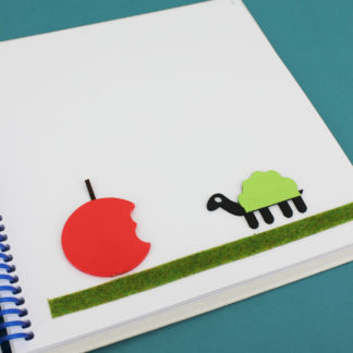 Image tactile d'une tortue en face d'une pomme croqué rouge