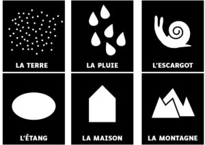 6 cartes à imprimer (terre, pluie, escargot, étang, maison, montagne)