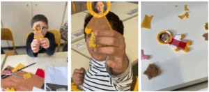 Des enfants montrent leurs bonhommes créés avec des matières différentes