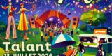Cette image est une affiche festive annonçant l'événement "La Grande Fête". L'illustration centrale montre une fête en plein air, de nuit, se déroulant dans un parc, sous un ciel nocturne illuminé par de grands feux d'artifice et des guirlandes lumineuses.