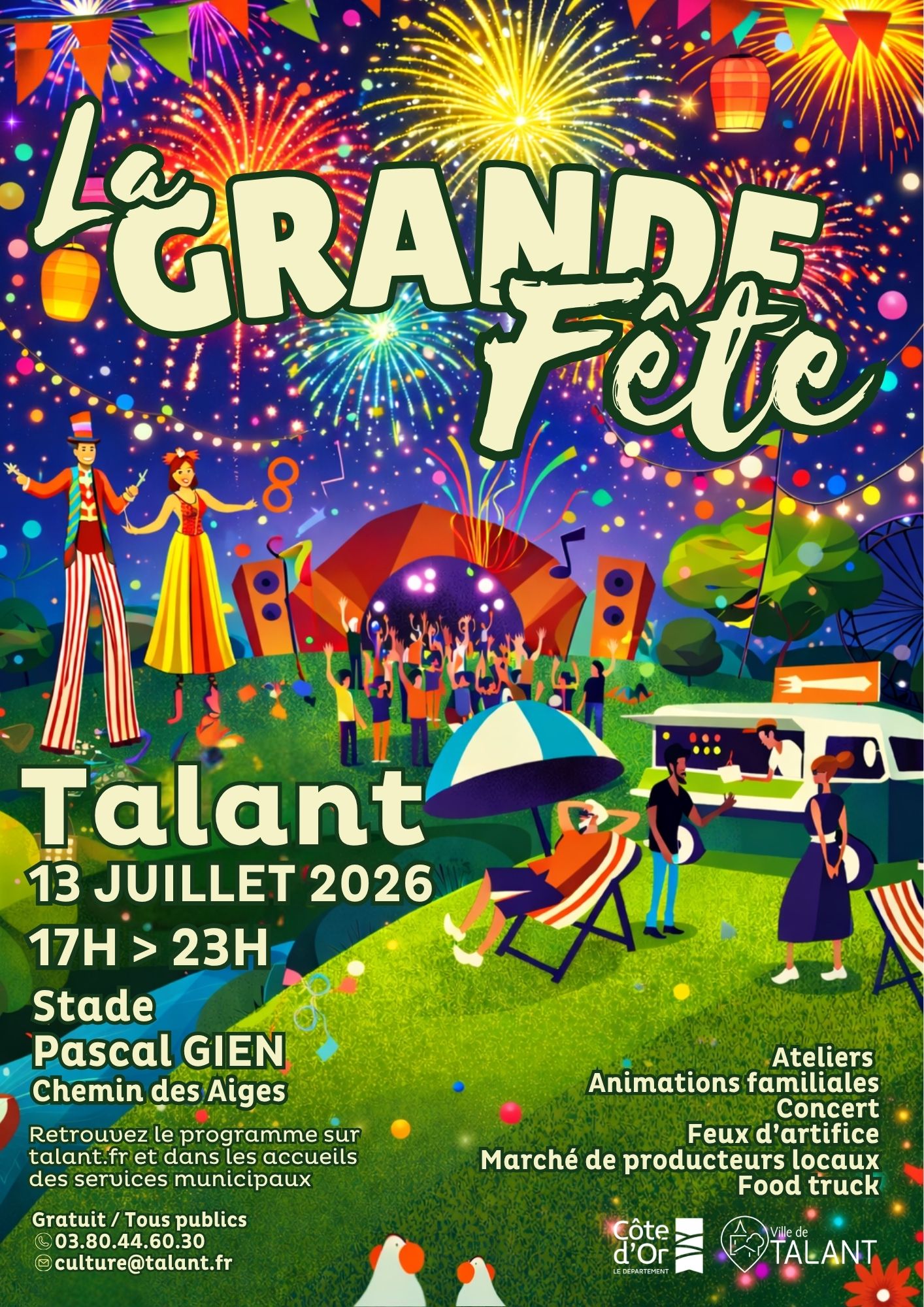 Cette image est une affiche festive annonçant l'événement "La Grande Fête". L'illustration centrale montre une fête en plein air, de nuit, se déroulant dans un parc, sous un ciel nocturne illuminé par de grands feux d'artifice et des guirlandes lumineuses.