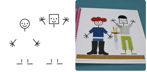 à gauche une trame avec quelques élements tactiles de 2 personnages, à droite cette même trame après collages de matières tactiles dessus